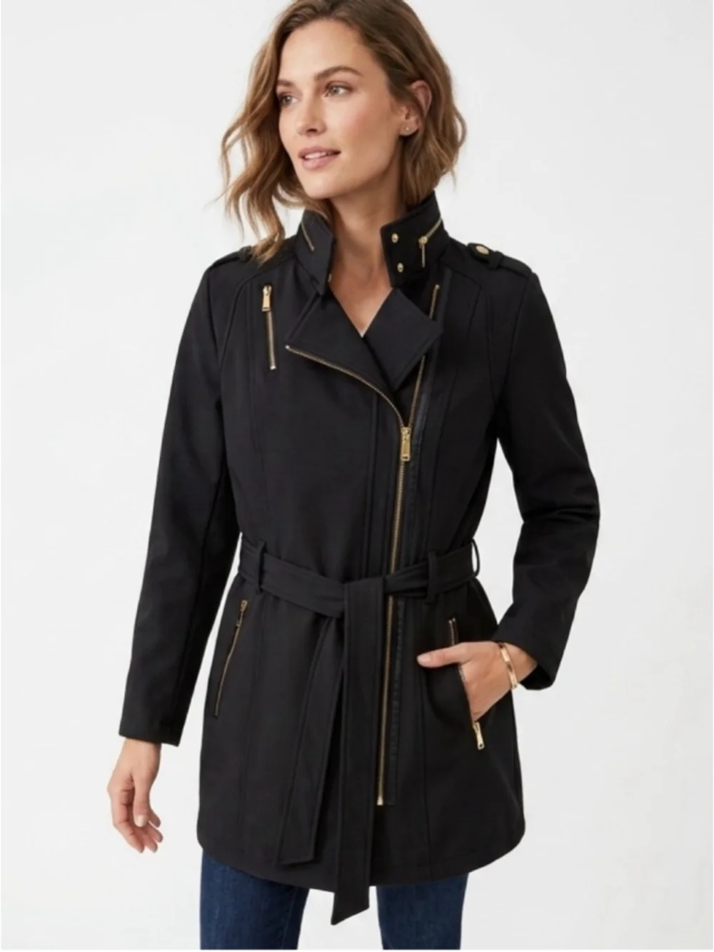 Women's Michael Kors Asymmetrical Belted Softshell Jacket – Black/Gold Size L